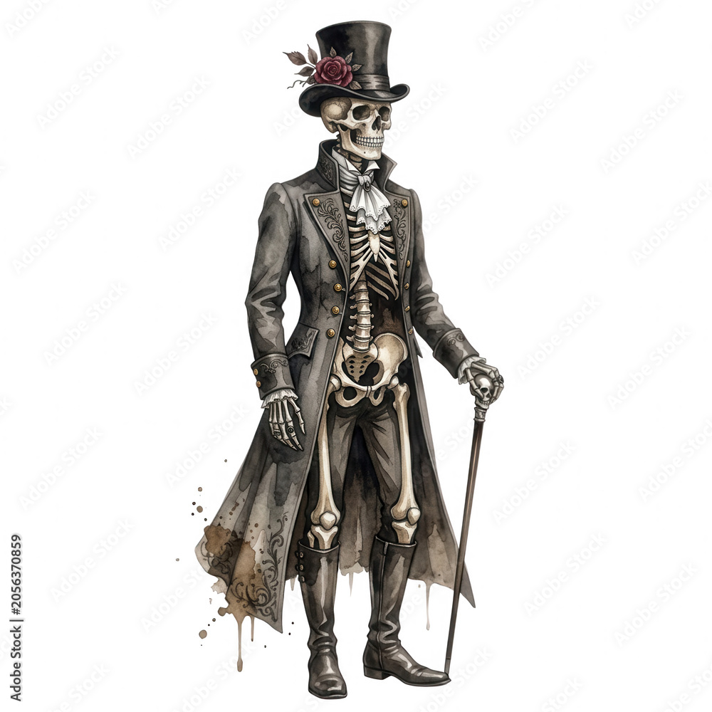 Obraz premium Elegant Skeleton In Top Hat And Coat On Transparent Background