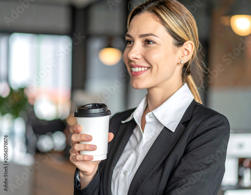 Businesswoman Holding Coffee Cup in Modern Office