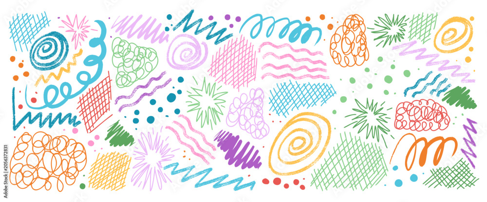 Obraz premium Vector crayon funky abstract kids scribbles set with spontaneous strokes, chaotic marks, expressive squiggles. Rough multi colors zigzag, round elements create graphic chaos with childish energy