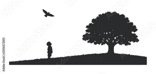 Fotografie Minimalist black silhouette vector illustration of a child standing on a hill, g