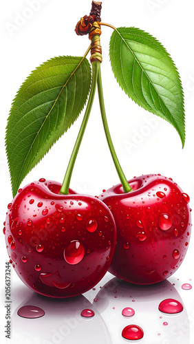 Cherries with Droplets on Fresh Green Leaves