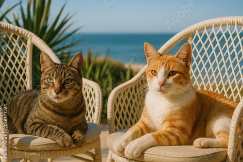Cats relaxing by seaside