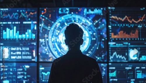 A person's silhouette gazes at multiple monitors displaying complex data visualizations