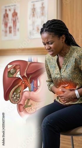 Gallbladder disease, woman suffering severe abdominal pain, detailed human anatomy visual of gallstones, biliary system blockage, acute health problem, medical concept
