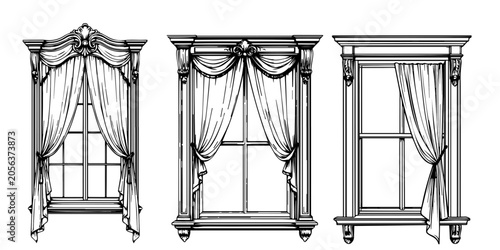 windows with curtains. black and white linear sketch. Vector illustration. A simple drawing is isolated on a white background. For children's coloring books, educational materials, and design layouts.