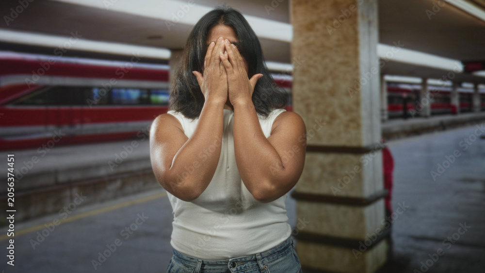Fototapeta premium Woman clenching fists and smiling broadly, arms raised in front of a red train and platform pillar, wearing white sleeveless top and jeans inside building; victory celebration.