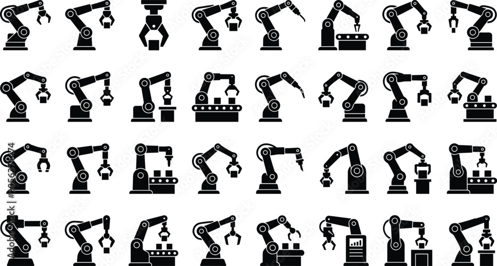Obraz premium Industrial Robotic Arm Silhouette Vector Collection Set with Automated Manufacturing and Factory Automation Icons
