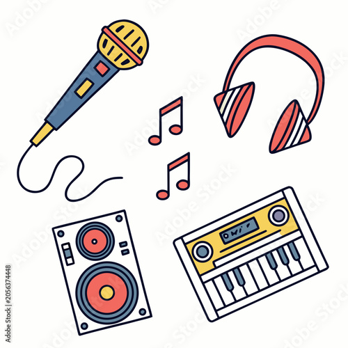 Foto Set of musical equipment and doodle sound icons.