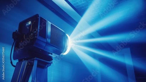 Close up of a powerful projector beaming light for a cinema show