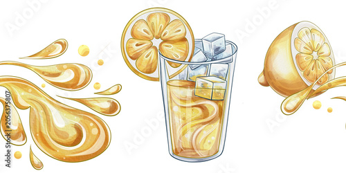 Fotografija Lemon Splash Border Watercolor Clipart, Fresh Lemonade Glass, Citrus Juice Burst