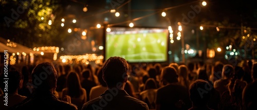 Rear view of a crowd watching a live football match on a big screen at an outdoor night event illuminated by warm string lights