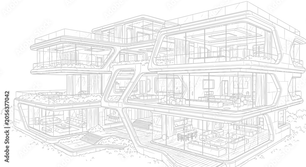 Obraz premium Futuristic Modular Architectural Building Wireframe Sketch with Modern Glass Facade and Organic Geometric Structure