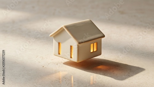 Miniature House Model Floating Above an Aesthetic Marble Table Surface