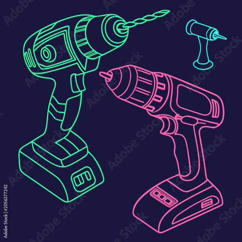 Foto Electric cordless drill collection in neon colors.