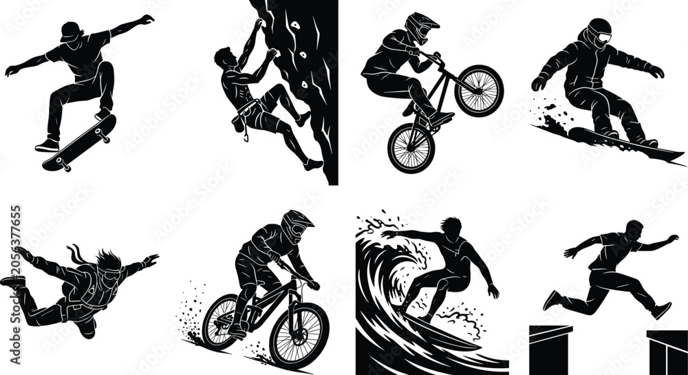 Naklejka premium Set of extreme sports silhouettes featuring skateboarding, rock climbing, cycling, snowboarding, skydiving, and surfing actions