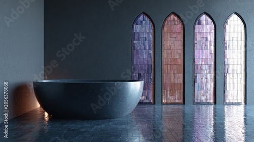 Modern Bathroom Sanctuary: A sleek, dark, freestanding bathtub sits on a reflective, wet floor in a minimalist bathroom, bathed in the ethereal glow from arched.