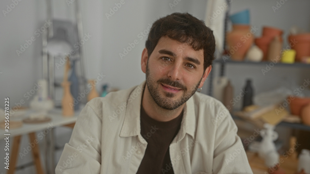 Obraz premium Man smiling, bearded and seated, with pottery and clay on shelves and a table in a studio workshop, posing at his bench; creative calm.