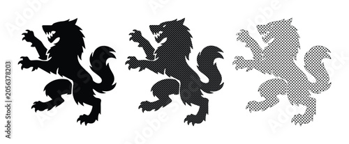 Slika na platnu Heraldic wolf rampant silhouette set, medieval beast coat of arms icons, black a
