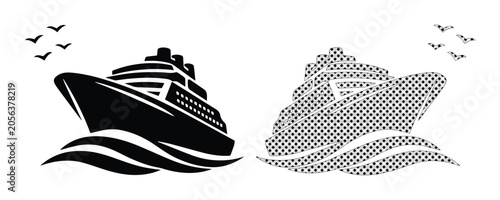 Cruise ship vector icons set, black silhouette ocean liner on waves with seagulls, nautical travel and maritime vacation symbols for logo design