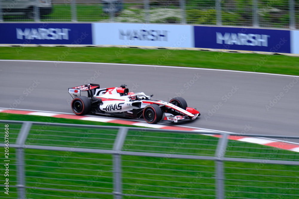 Naklejka premium May 24, 2026, Montreal, Canada - Haas Formula 1 car on track by Ocon and Bearman at Circuit Gilles Villeneuve. g.