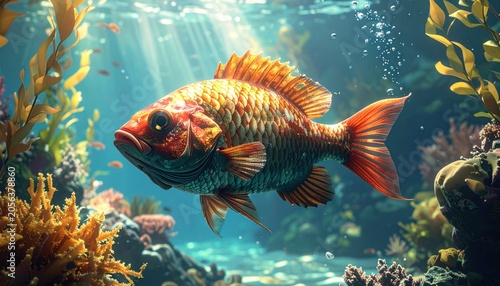 A vibrant, detailed illustration of an orange fish swimming in a sunlit coral reef