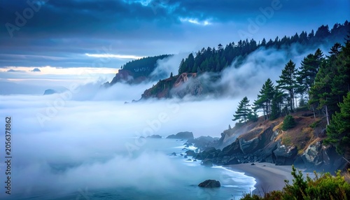 Coastal scene with cliffs, fog rolling over beach, and evergreen trees