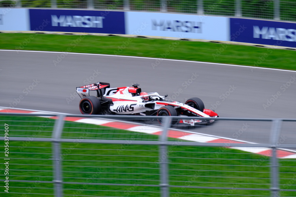 Naklejka premium May 24, 2026, Montreal, Canada - Haas Formula 1 car on track by Ocon and Bearman at Circuit Gilles Villeneuve. g.