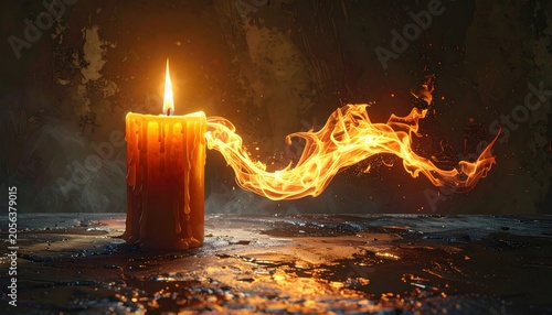 A glowing candle on a reflective surface, with fiery flame trails against a textured backdrop