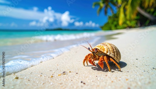 Close-up of a hermit crab on a sandy beach with the ocean and palm trees visible