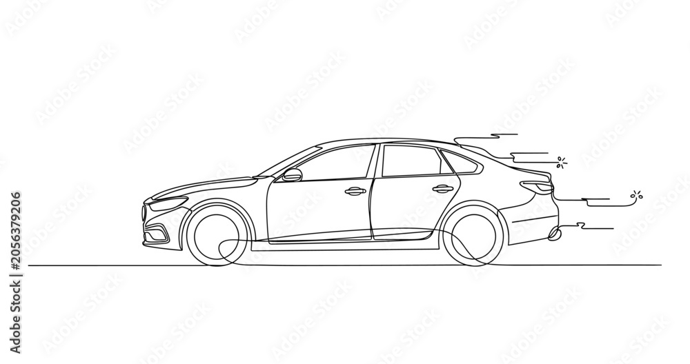 Fototapeta premium Mid size sedan car moving along road side profile drawing. No editable stroke