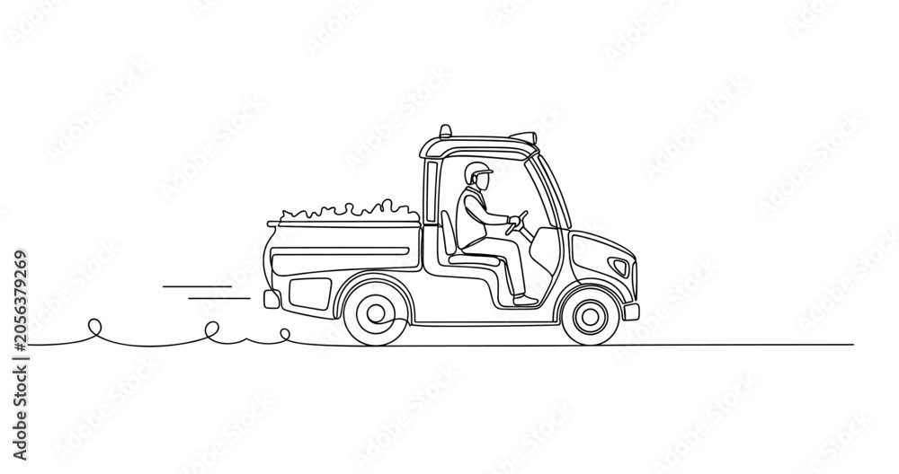 Fototapeta premium Utility vehicle driven by worker transporting cargo on road. No editable stroke