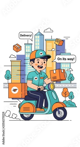 Delivery man riding scooter through city with food