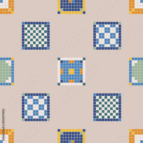 Seamless pattern featuring colorful square mosaic tiles adorned with various geometric designs, creating an vibrant backdrop, vector
