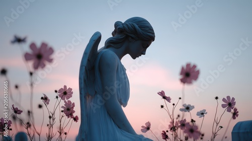 Angel Statue Amongst Flowers: A serene angel statue, rendered in marble, bows its head amidst delicate pink flowers and a soft, dusky sky, evoking a sense of contemplative peace and eternal beauty.