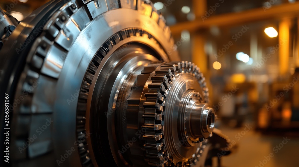 Obraz premium Close up of a gleaming industrial turbine with detailed mechanical components