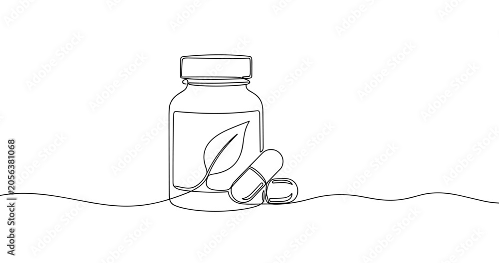 Obraz premium Minimalist line art of supplement bottle with capsules highlighting natural health. No editable stroke