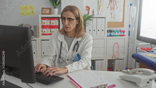 Fotografie Pediatrician woman typing on keyboard with stethoscope and clipboard at desk in medical exam room inside clinic building; calm attentive care