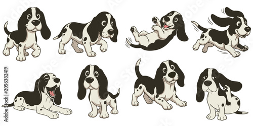 Foto Cute Black and White Basset Hound Puppy Cartoon Character Poses