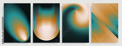 Abstract Geometric Teal and Copper Gradient Backgrounds. Op Art Vector Posters Set.