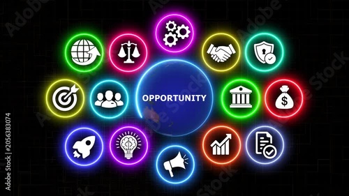 Business opportunity motion graphics animation with neon neon icons.