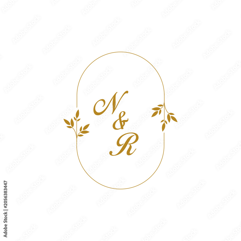 Fototapeta premium Logotype Monogram Gold Frame with Leaf with initial Letter Logo