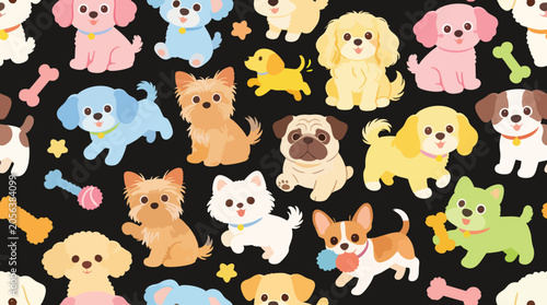 Cuadro en lienzo Cute Dogs Seamless Pattern, Hand Drawn Puppy Clipart Vector on Black Background