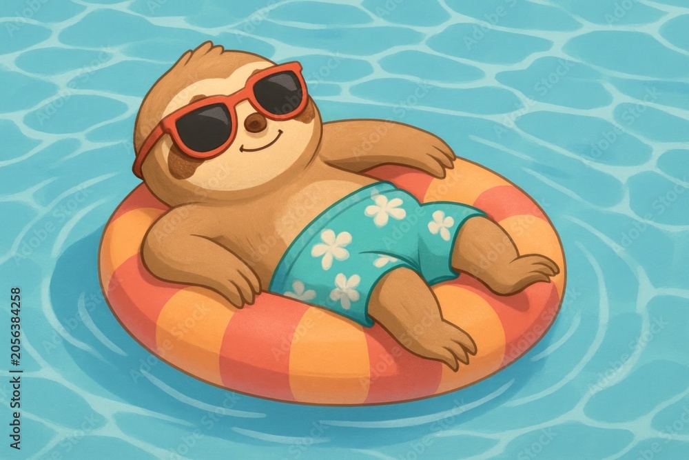 Fototapeta premium Relaxing sloth floating poolside.