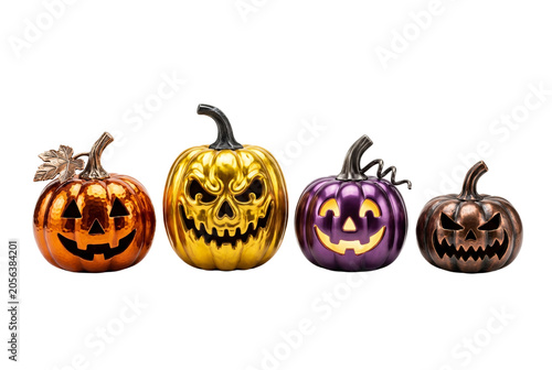 Four metallic jack-o-lantern pumpkins in orange, gold, purple and bronze finishes with carved glowing faces, Halloween decorative ceramic pumpkins with scary and happy expressions.