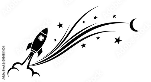 Black and White Rocket Launching into Space with Stars and Moon