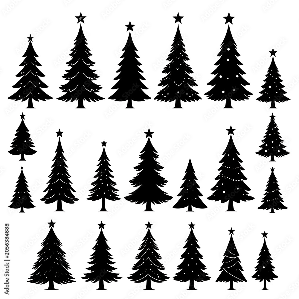 Obraz premium A collection of black Christmas tree silhouettes with star tops