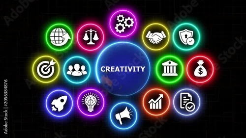 Global creativity ideas and business concept motion graphics with neon circles.