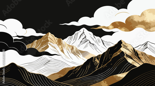 Fotografía Luxury Japanese Style Mountain Landscape with Gold Foil and Black Ink Clouds Vec