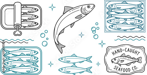 Obraz na płótnie Canned Sardines and Fresh Fish Icon Set for Seafood Product Packaging and Market