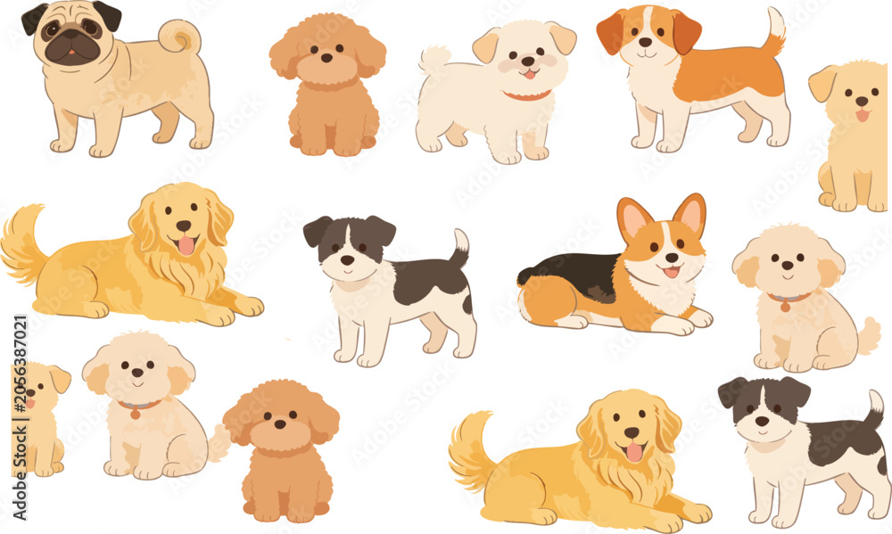 Fototapeta premium Seamless Pattern of Cute Dogs and Puppies Doodle Illustration in Watercolor Style